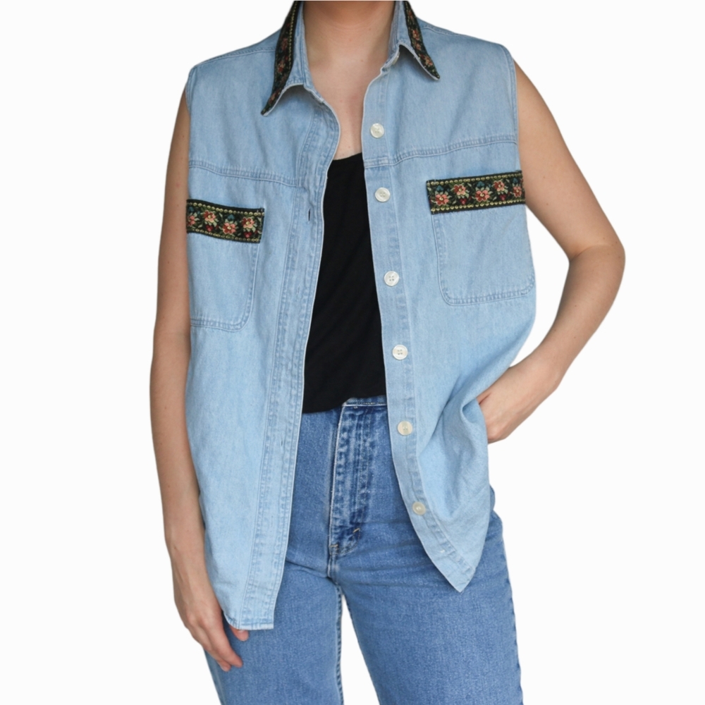 Vintage | Floral Needle Point Jacquard Trim Sleeveless Denim Top